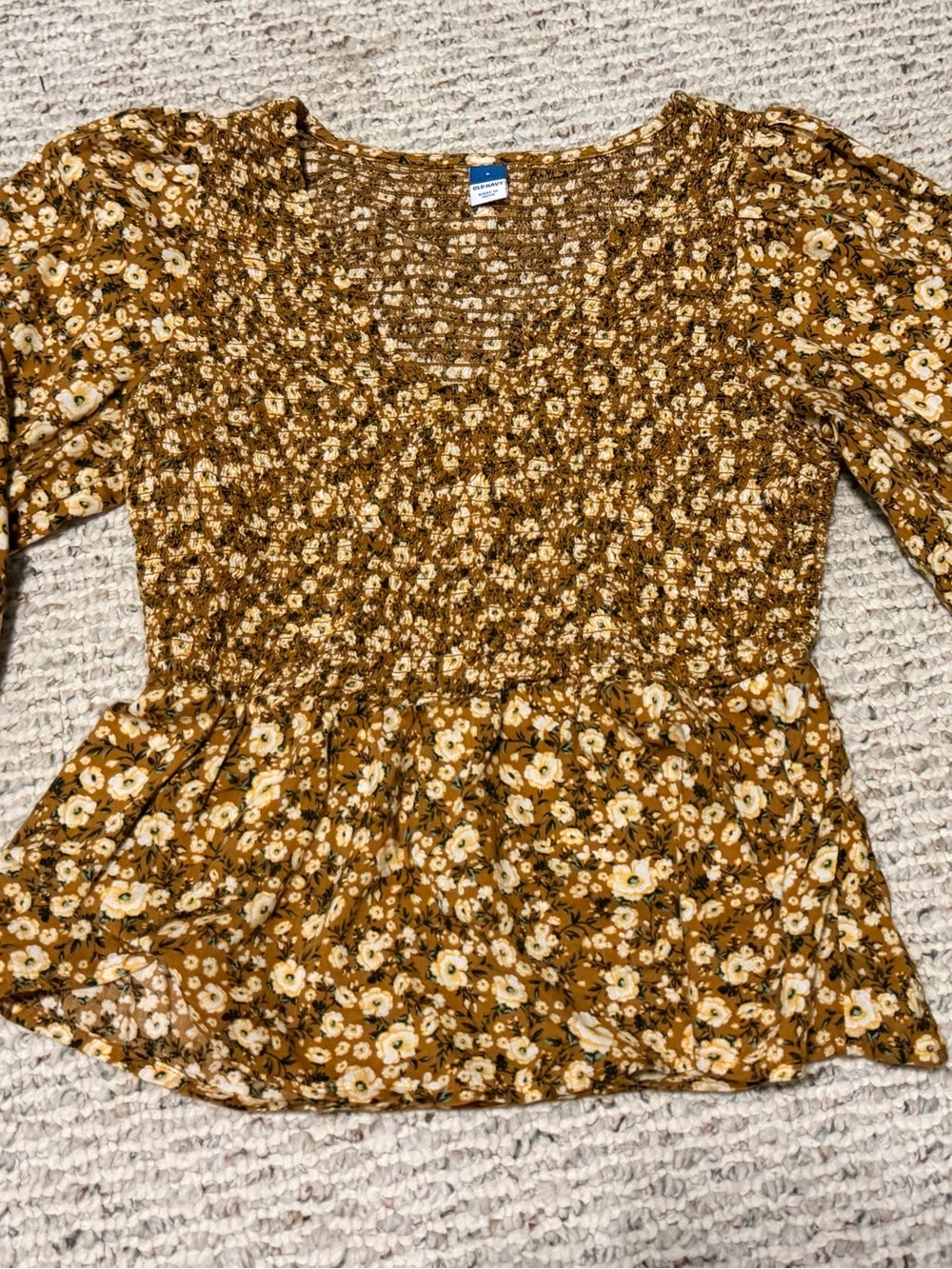 Old Navy Floral Smocked Puff Sleeve Blouse Brown Mustard Size S